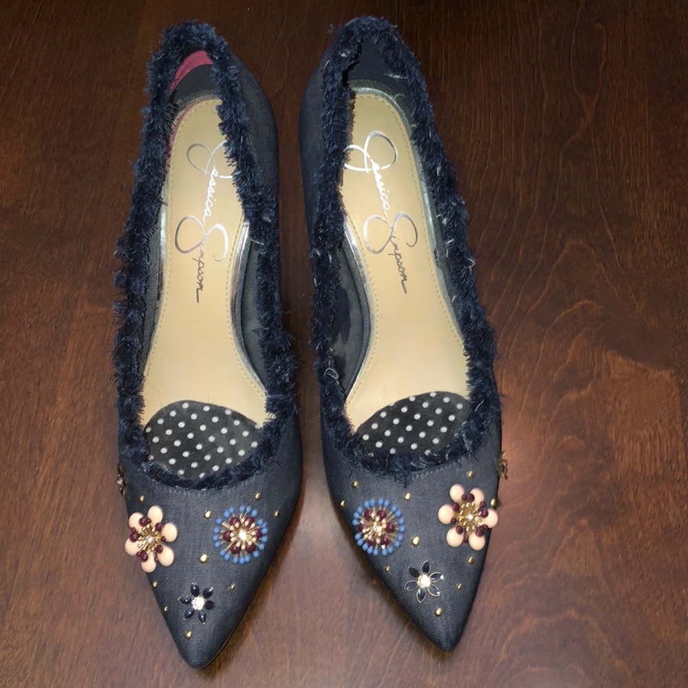 Jessica Simpson denim heels w/ flowers